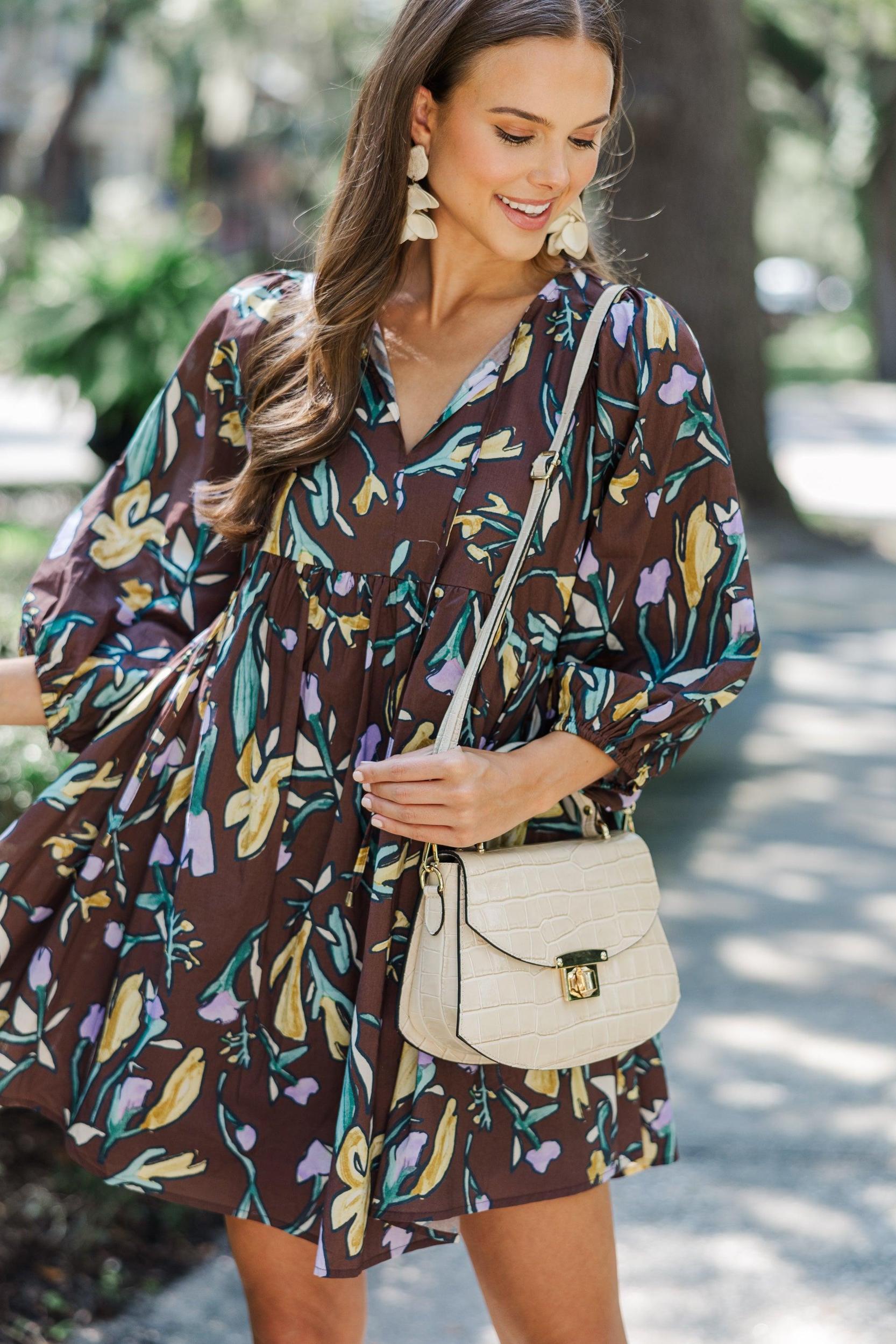 Talk It Through Espresso Floral Dress Female Product Image