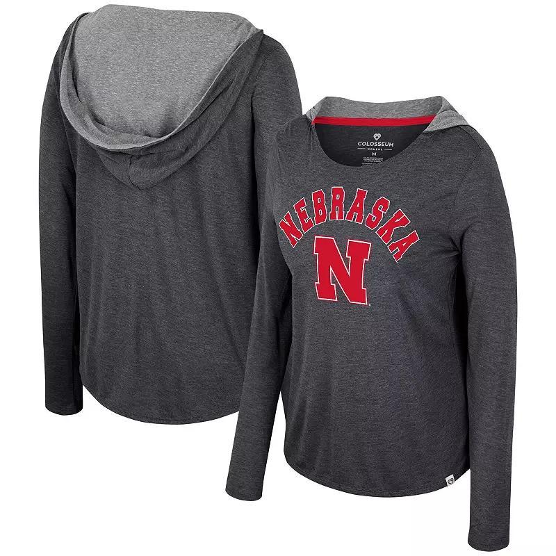 Women's Colosseum  Black Nebraska Huskers Distressed Heather Long Sleeve Hoodie T-Shirt, Size: Small Product Image
