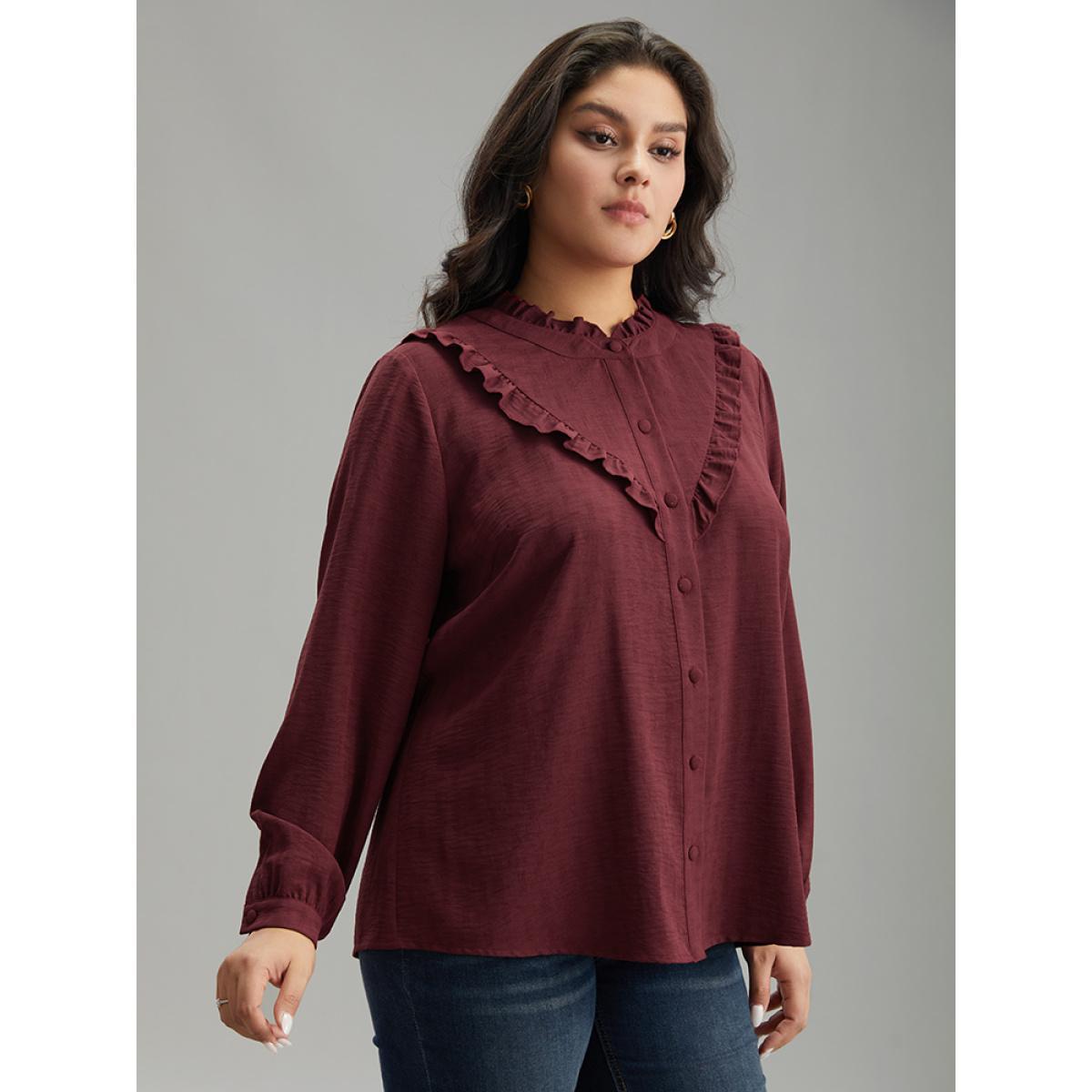 Plus Size Scarlet Stand Collar Solid Gathered Frill Trim Blouse Women Elegant Long Sleeve Stand-up collar Dailywear Blouses BloomChic 22-24/3X Product Image