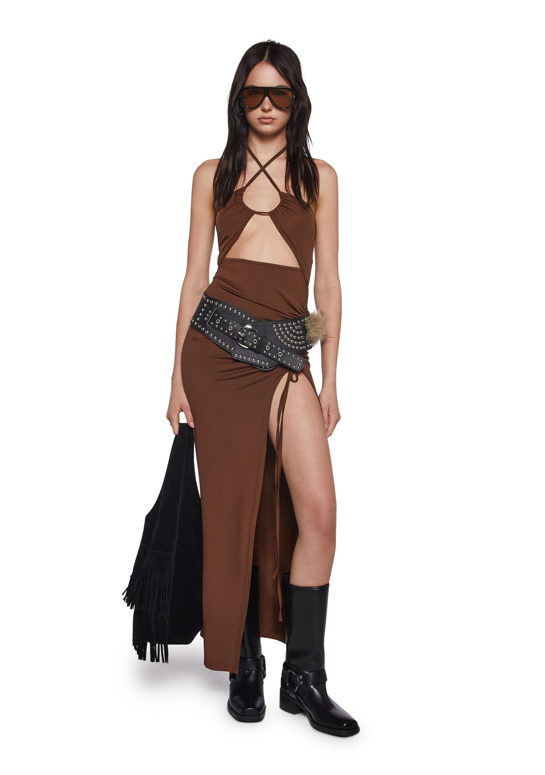Womens Sexy Backless Maxi Dress - Brown Product Image