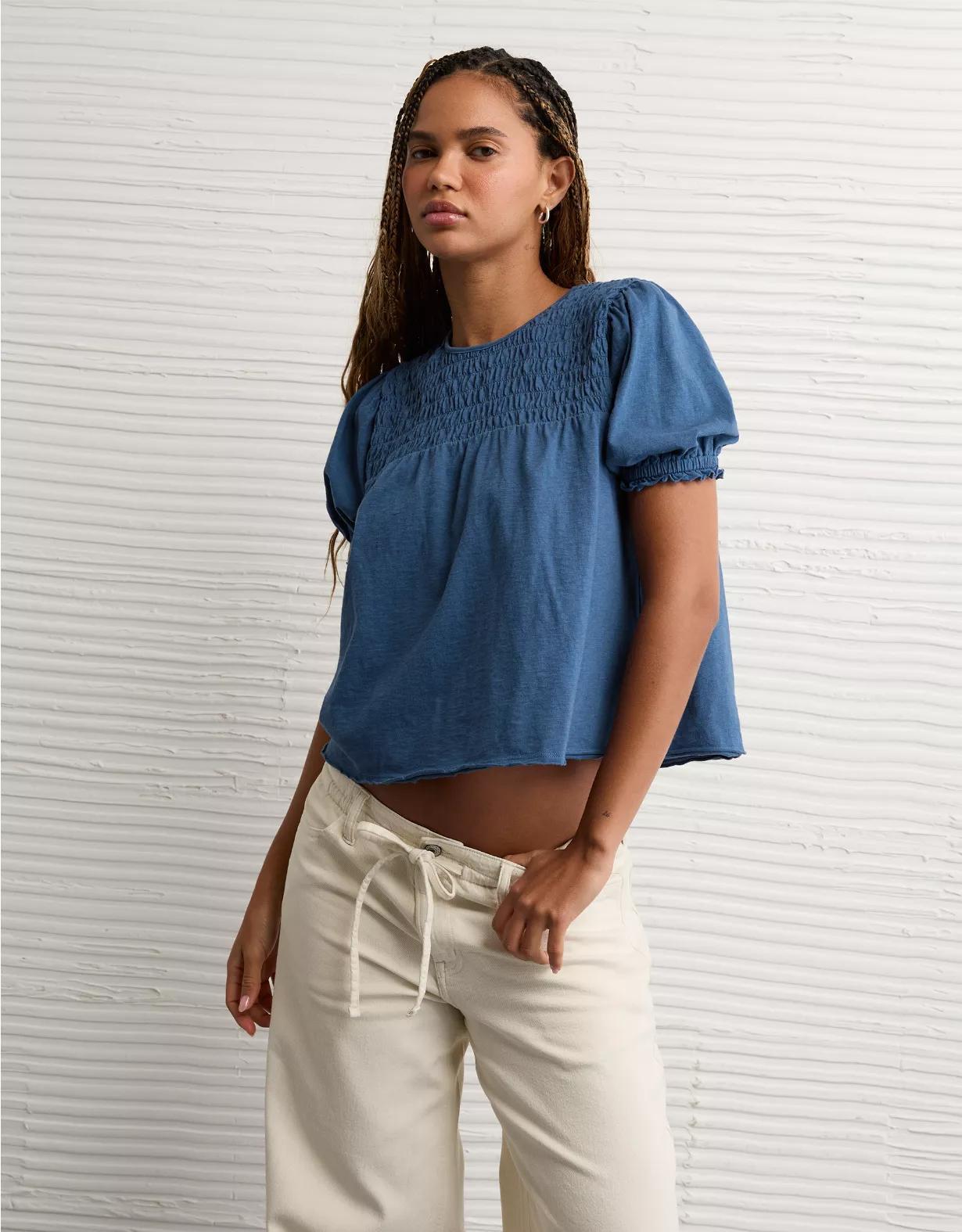 AE Sunchaser High Neck Puff Sleeve Smocked T-Shirt Product Image