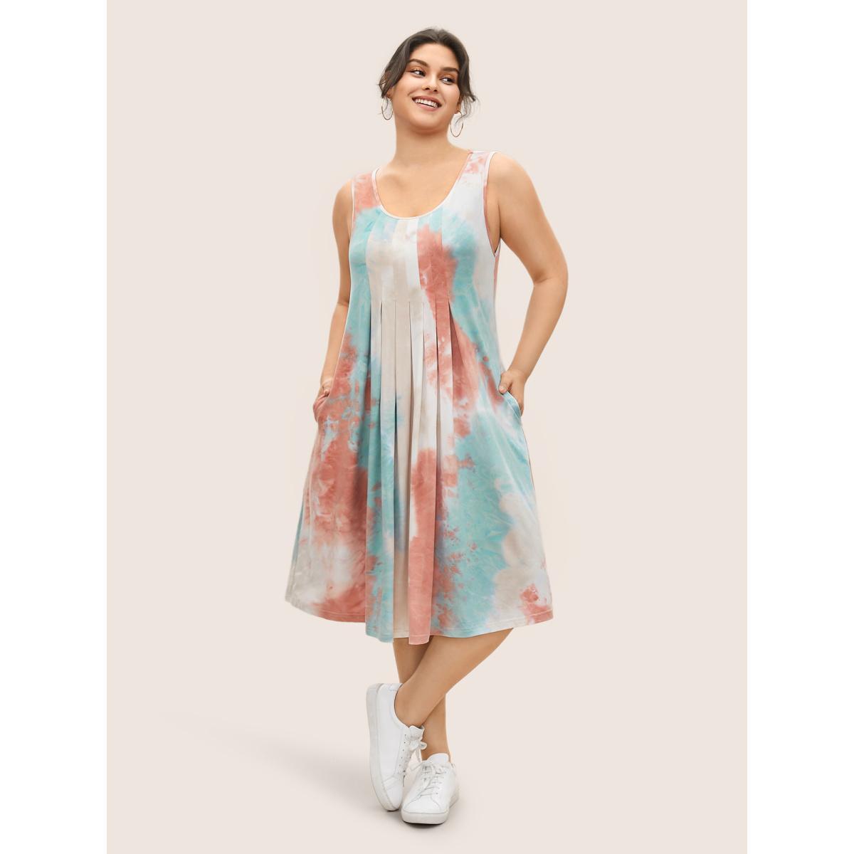 Plus Size Tie Dye Pleated Sleeveless Pocket Dress Multicolor Women Casual Pleated Round Neck Sleeveless Curvy Midi Dress BloomChic 10/M Product Image