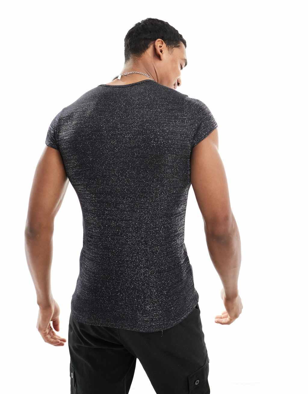 ASOS DESIGN muscle fit T-shirt in glitter fabric Product Image