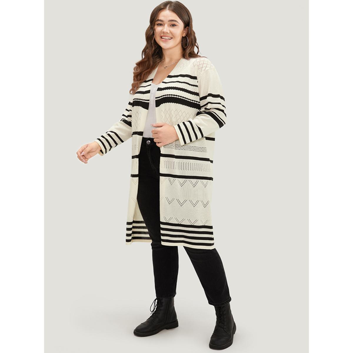 Plus Size Striped Eyelet Open Front Maxi Cardigan Beige Women Casual Loose Long Sleeve Everyday Cardigans BloomChic 14-16/1X Product Image