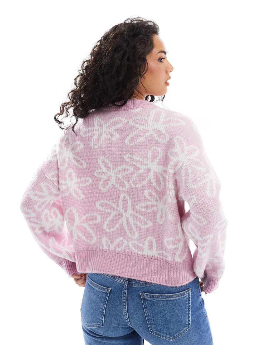ASOS DESIGN knitted sweater with flower heart pattern in pink Product Image