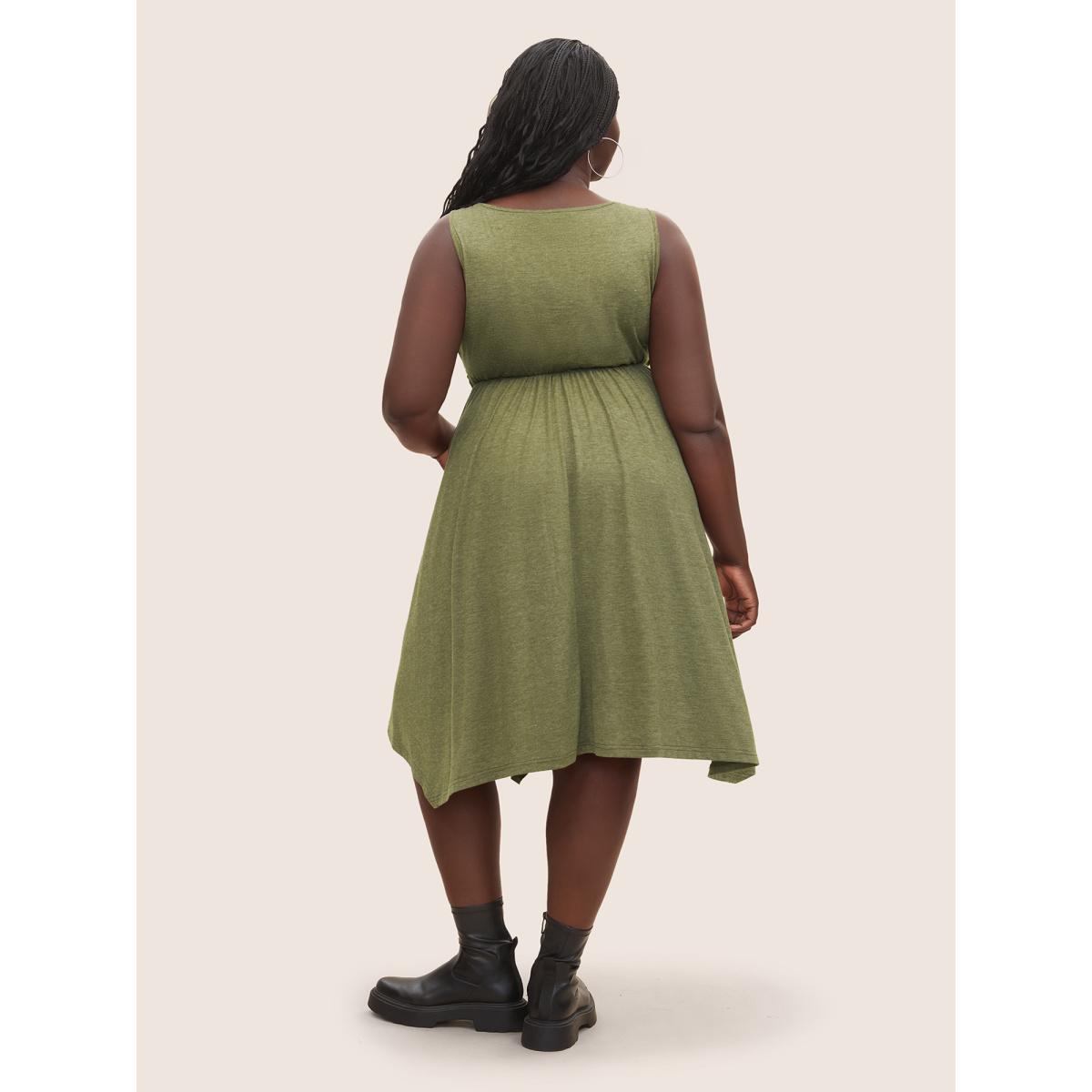 Plus Size Supersoft Essentials Twist Front Ruched Dress Moss Women Casual Asymmetrical Round Neck Sleeveless Curvy Midi Dress BloomChic 28/5X Product Image