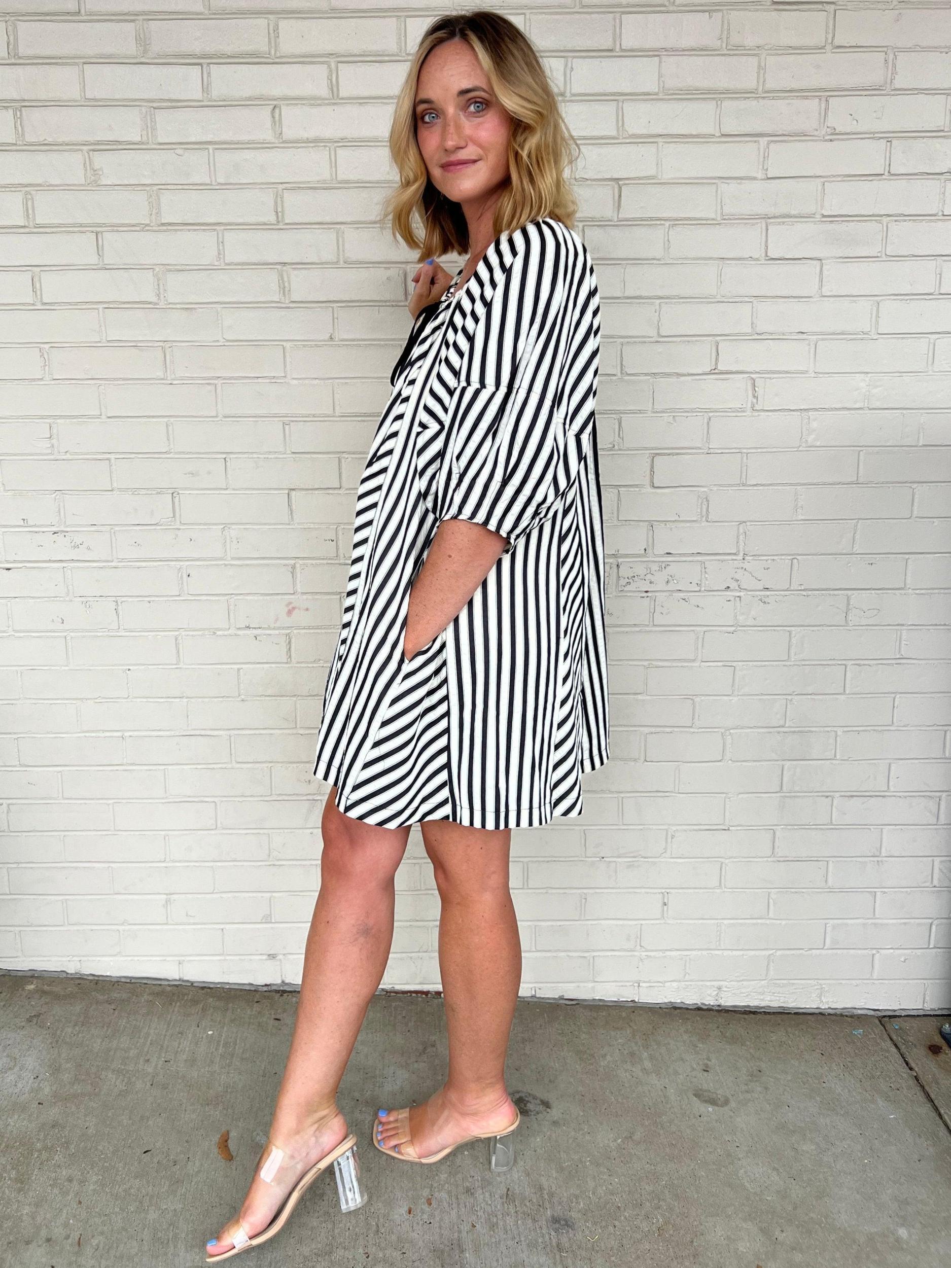 Falling Again Striped Dress - Black Product Image
