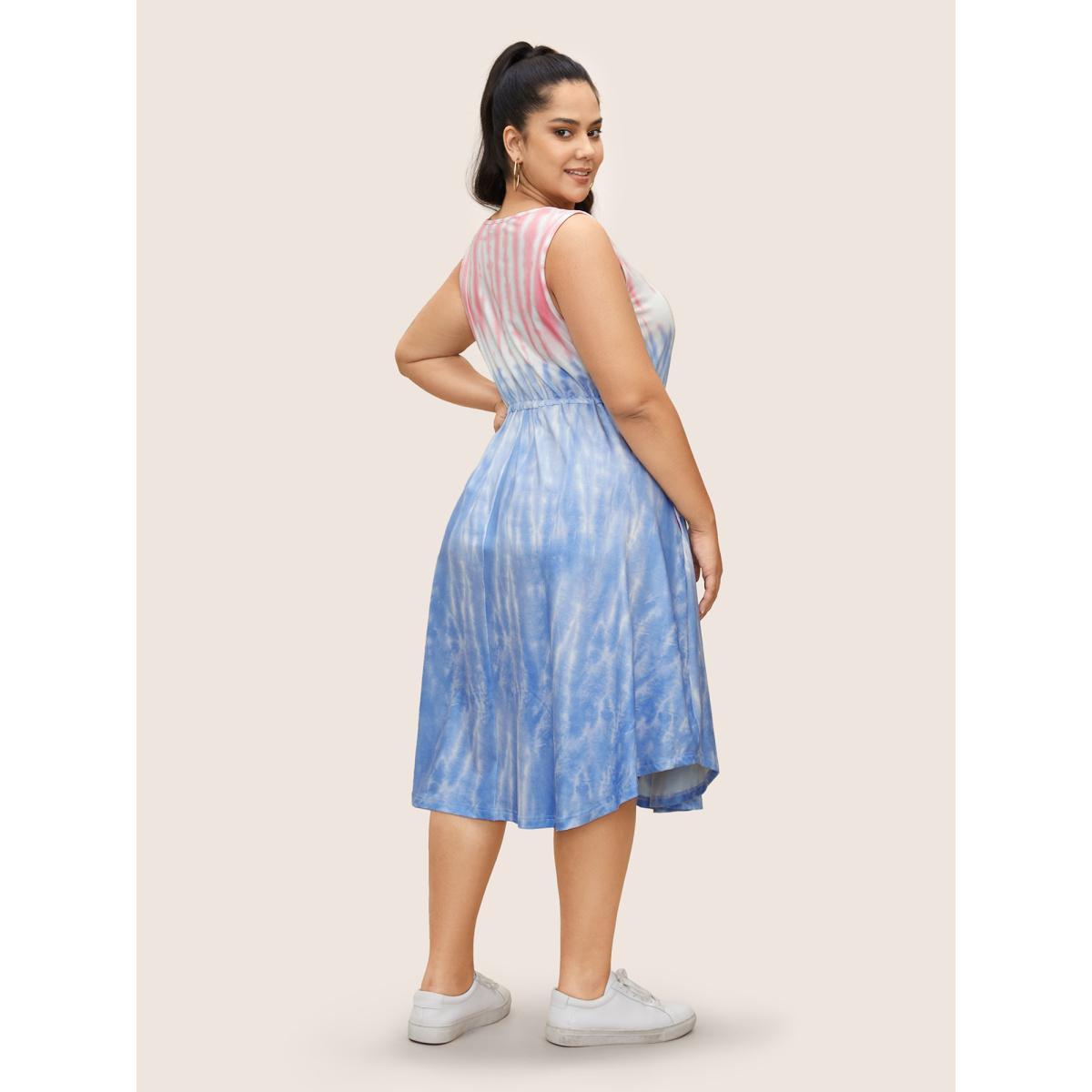 Plus Size Tie Dye Round Neck Drawstring Pleated Dress MistyRose Women Casual Drawstring Round Neck Sleeveless Curvy BloomChic 12/L Product Image