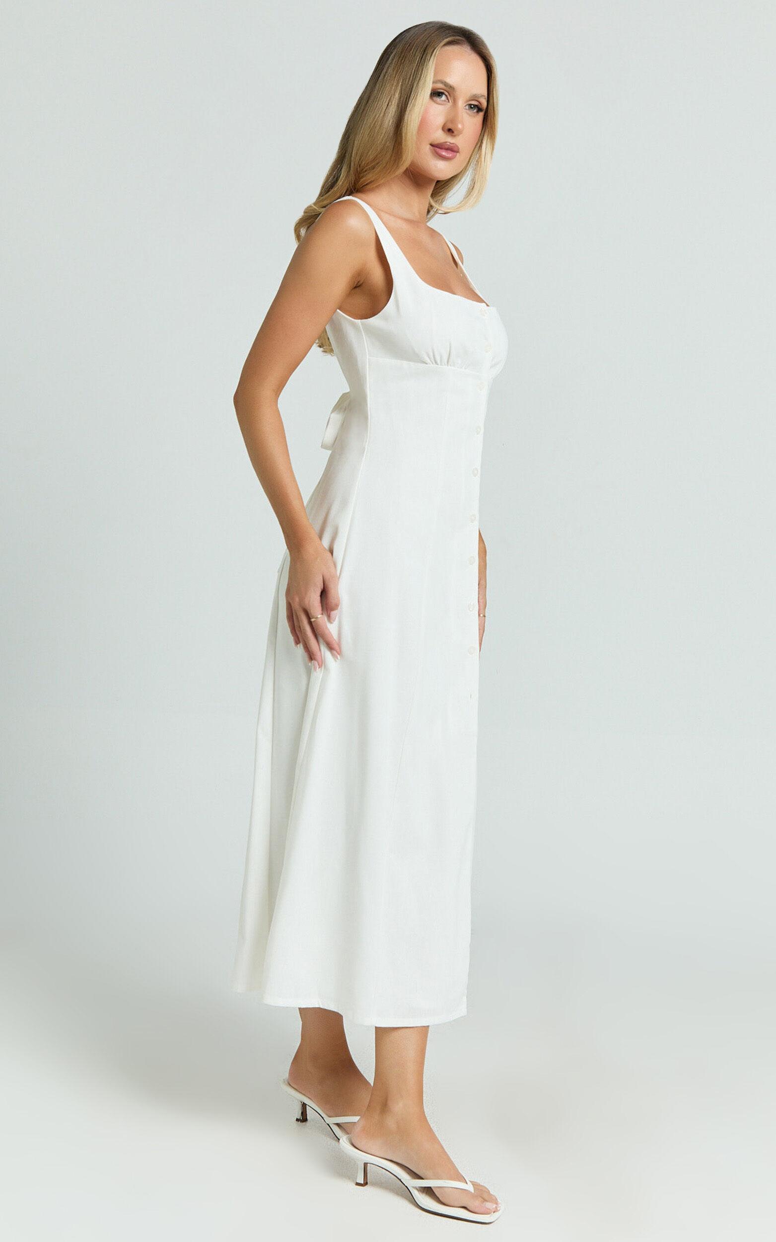 Cameron Midi Dress - Button Front Tie Back Dress in White Product Image