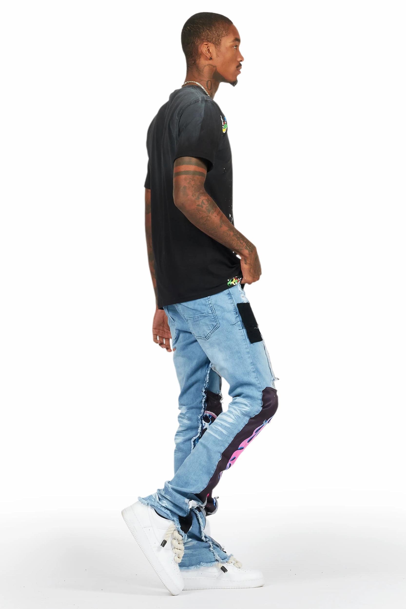 Helios Blue Patchwork Stacked Flare Jean Male Product Image