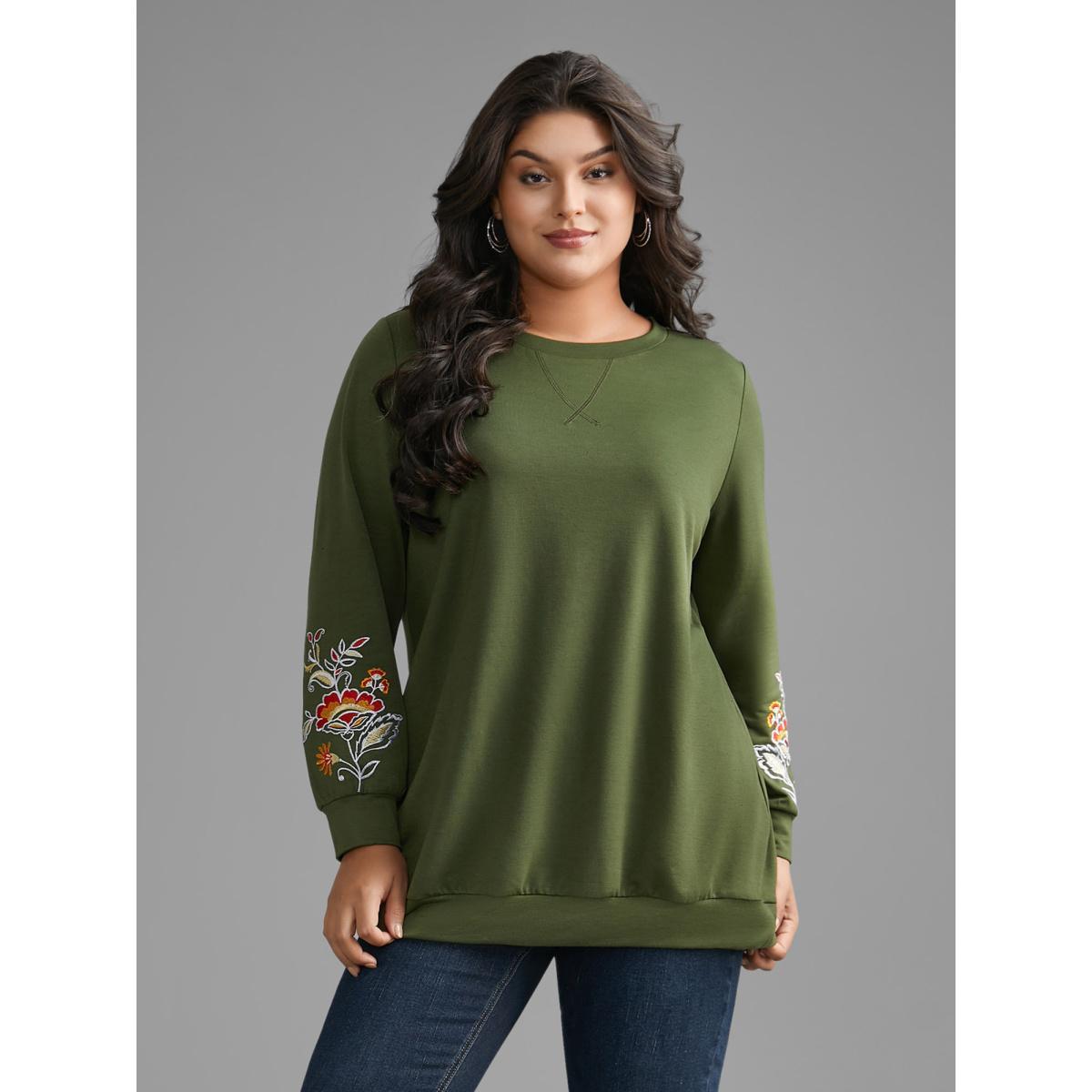 Plus Size Crew Neck Floral Embroidered Sweatshirt Women ArmyGreen Casual Embroidered Loose Round Neck Everyday Sweatshirts BloomChic 22-24/3X Product Image