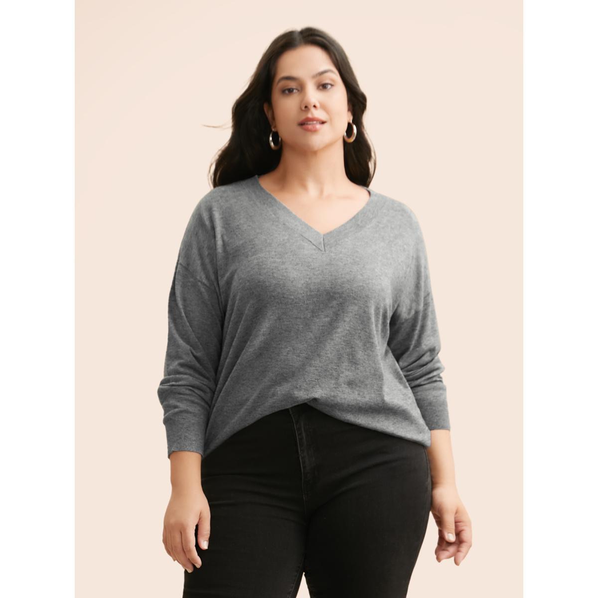 Plus Size Supersoft Drop Shoulder V-Neck Top Mediumgray Women Casual Long Sleeve V-neck Everyday Pullovers BloomChic 14-16/1X Product Image