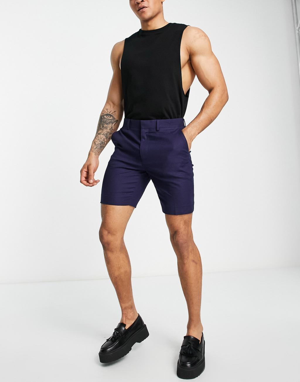 ASOS DESIGN smart skinny linen mix shorts in navy Product Image