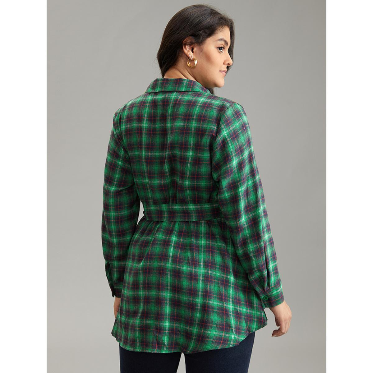 Plus Size Green Shirt Collar Plaid Belted High Low Hem Blouse Women Elegant Long Sleeve Shirt collar Festival-Christmas Blouses BloomChic 28/5X Product Image