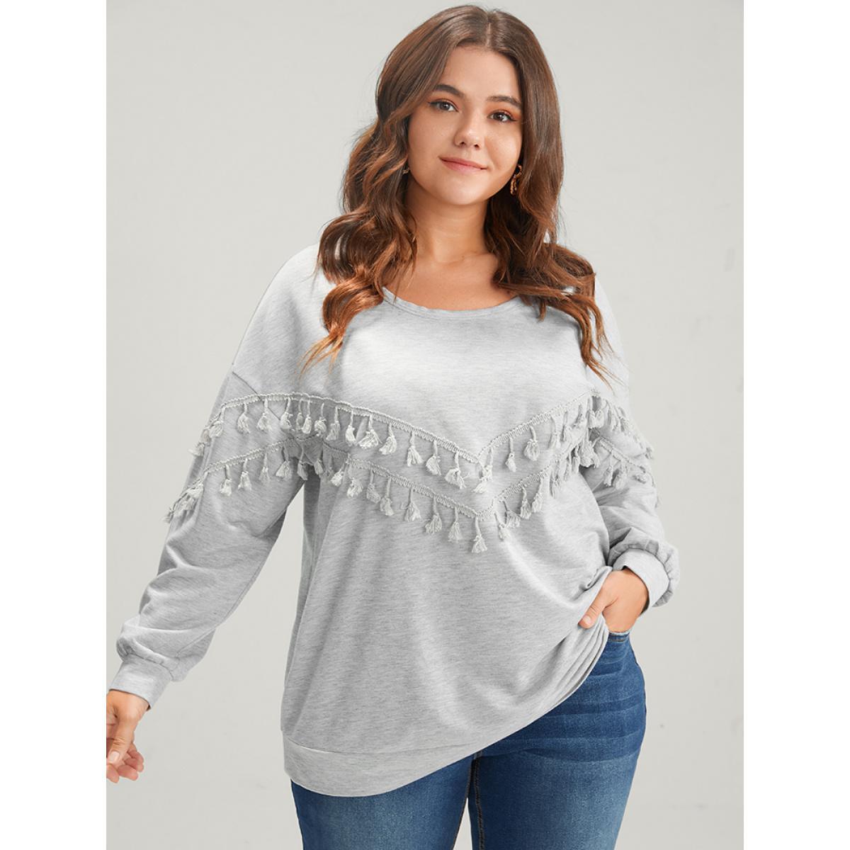 Plus Size Solid Round Neck Tassels Drop Shoulder Sweatshirt Women LightGray Casual Patchwork Round Neck Dailywear Sweatshirts BloomChic 12/L Product Image