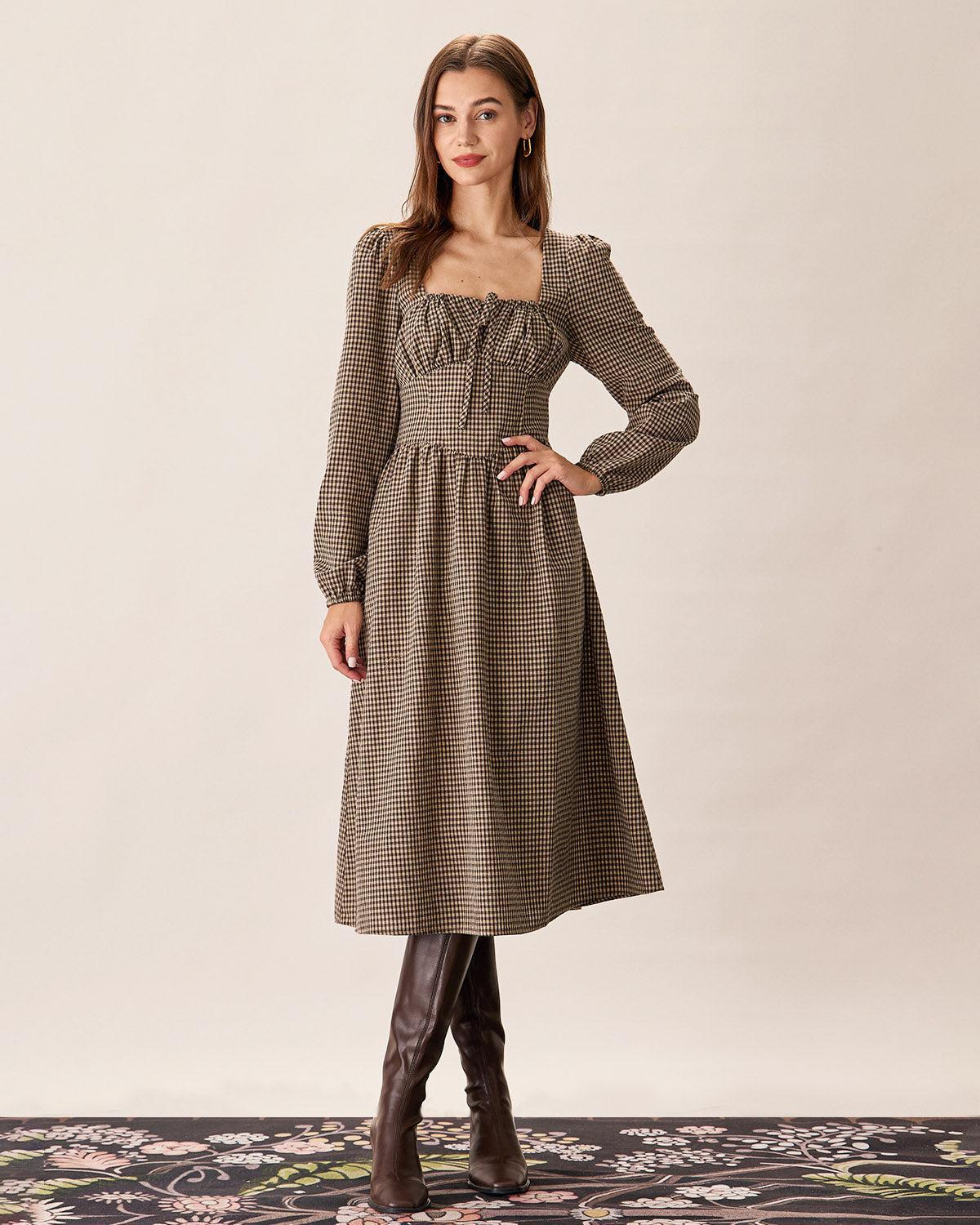 Brown Plaid Square Neck Ruched Midi Dress Product Image