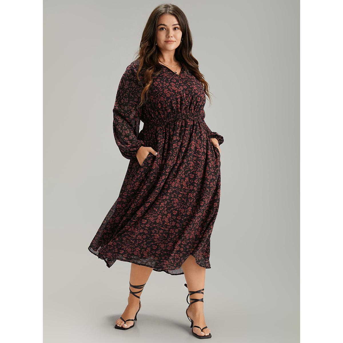 Plus Size Chiffon Ditsy Floral Pocket Shirred Cuffs Dress Scarlet Women Elegant Elastic cuffs V-neck Long Sleeve Curvy Midi Dress BloomChic 12/L Product Image