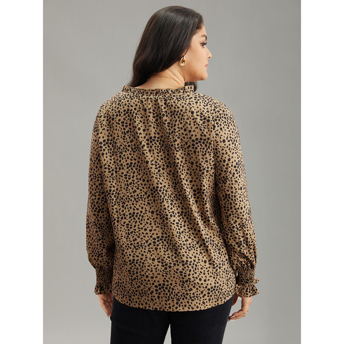 Plus Size Brown Leopard Shirred Notched Lantern Sleeve Blouse Women Elegant Long Sleeve Notched collar Dailywear Blouses BloomChic 10/M Product Image