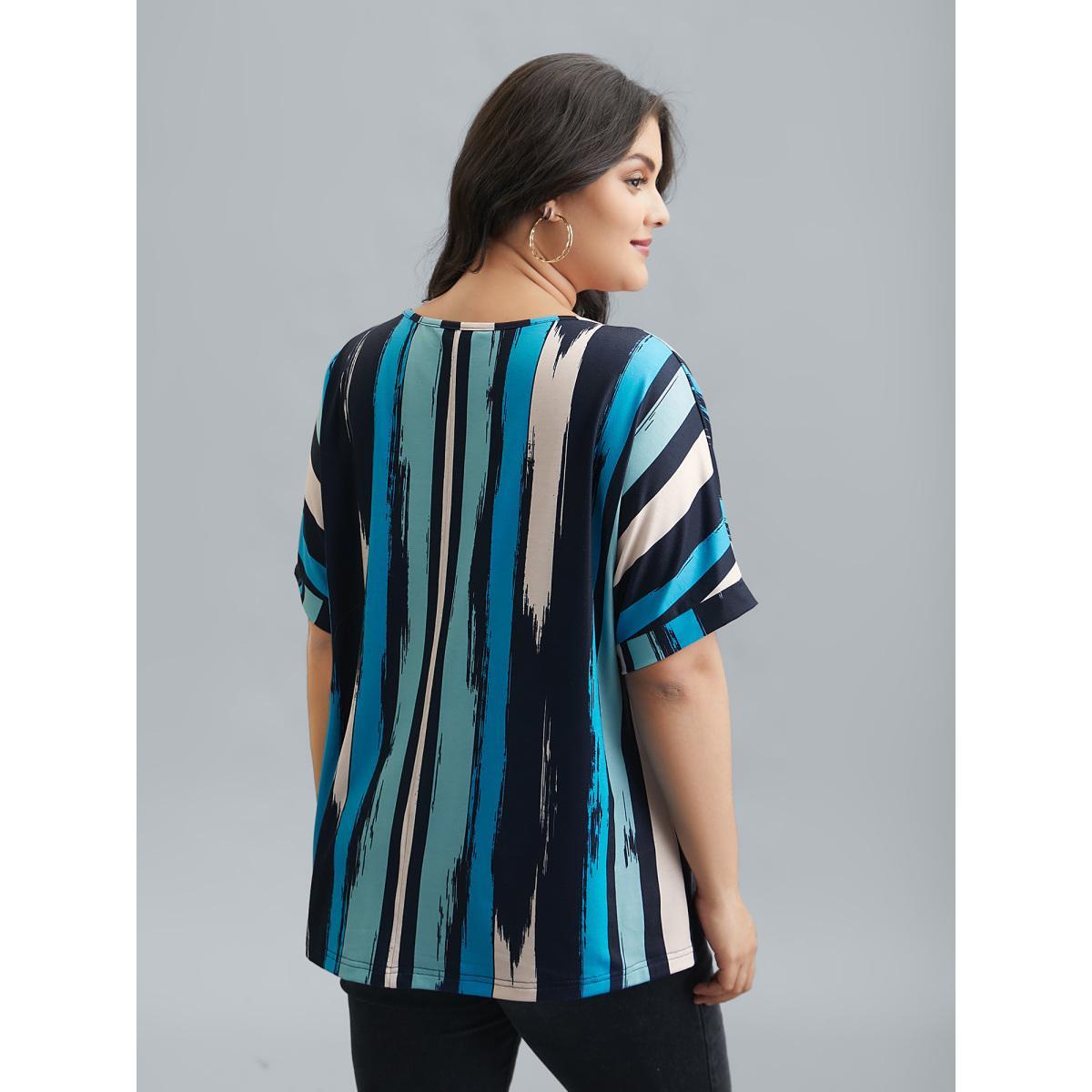 Plus Size Striped Print Dolman Sleeve T-Shirt Multicolor Women Casual Contrast Round Neck Everyday T-shirts BloomChic 14-16/1X Product Image