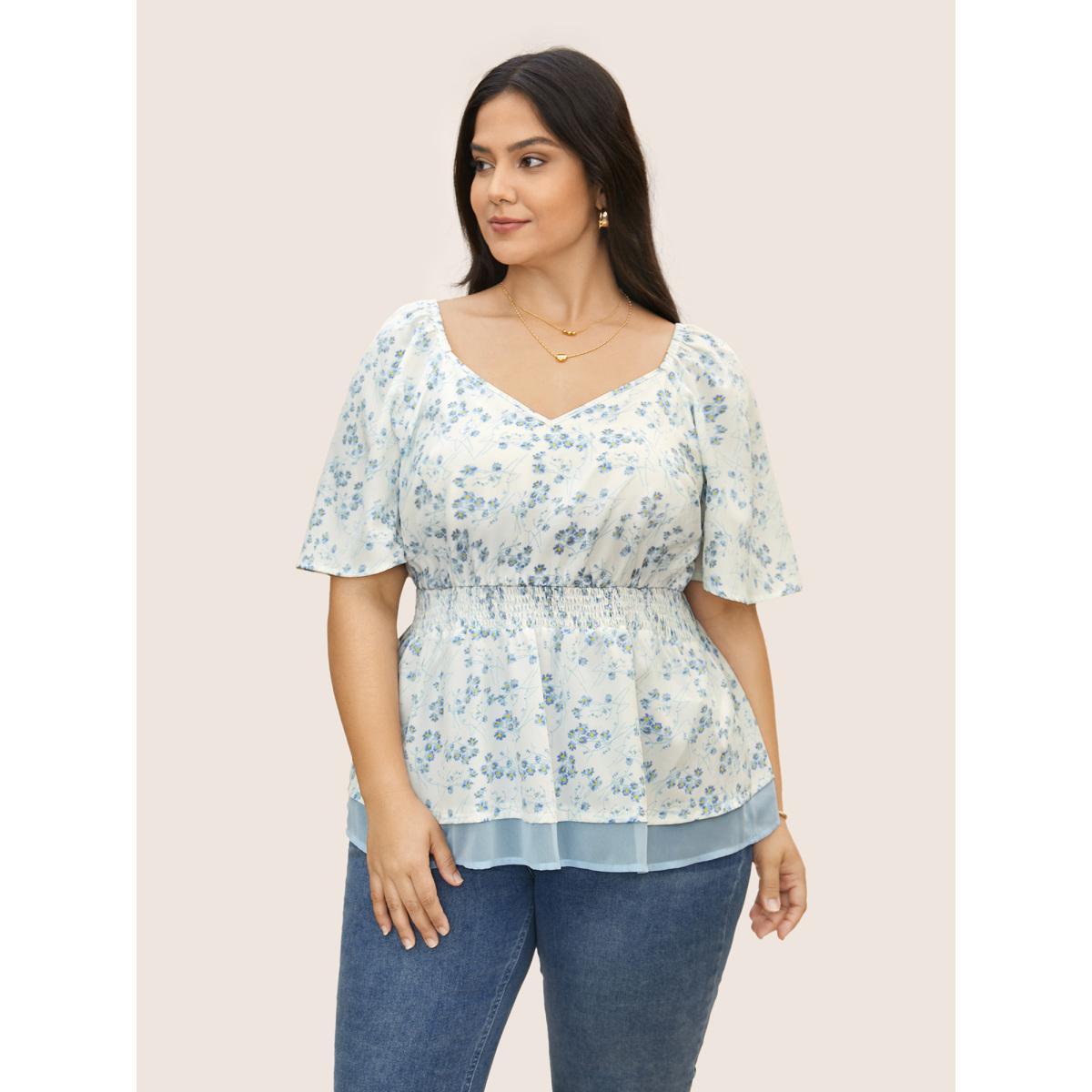 Plus Size Originalwhite Natural Flowers Shirred Patchwork Ruffle Sleeve Blouse Women Elegant Short sleeve Heart neckline Everyday Blouses BloomChic 10/M Product Image