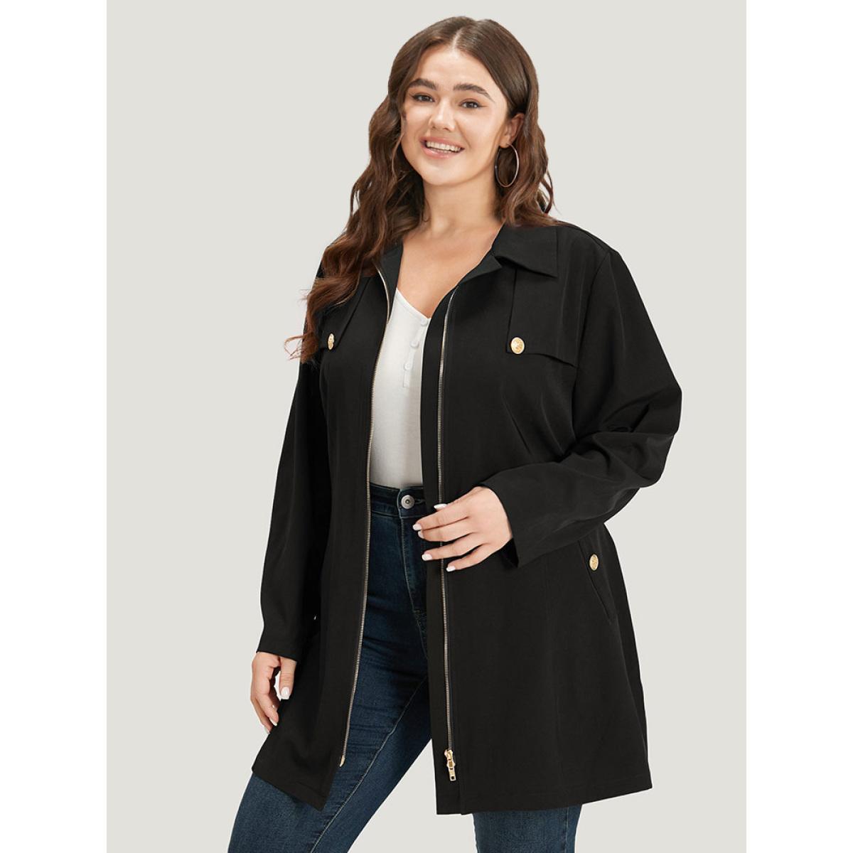 Plus Size Solid Belted Button Detail Zipper Pocket Coat Women Black Plain Pocket Belt Dailywear Jackets BloomChic 22-24/3X Product Image