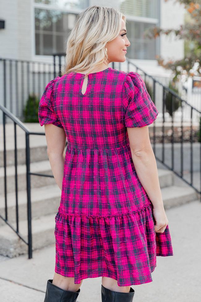 The Thrill Of It Pink and Black Plaid Short Sleeve Babydoll Dress FINAL SALE Product Image