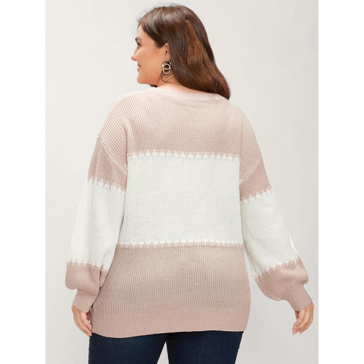 Plus Size Colorblock Contrast Pointelle Knit Lantern Sleeve Round Neck Knit Top DustyPink Women Casual Loose Long Sleeve Round Neck Dailywear Pullovers BloomChic 12/L Product Image