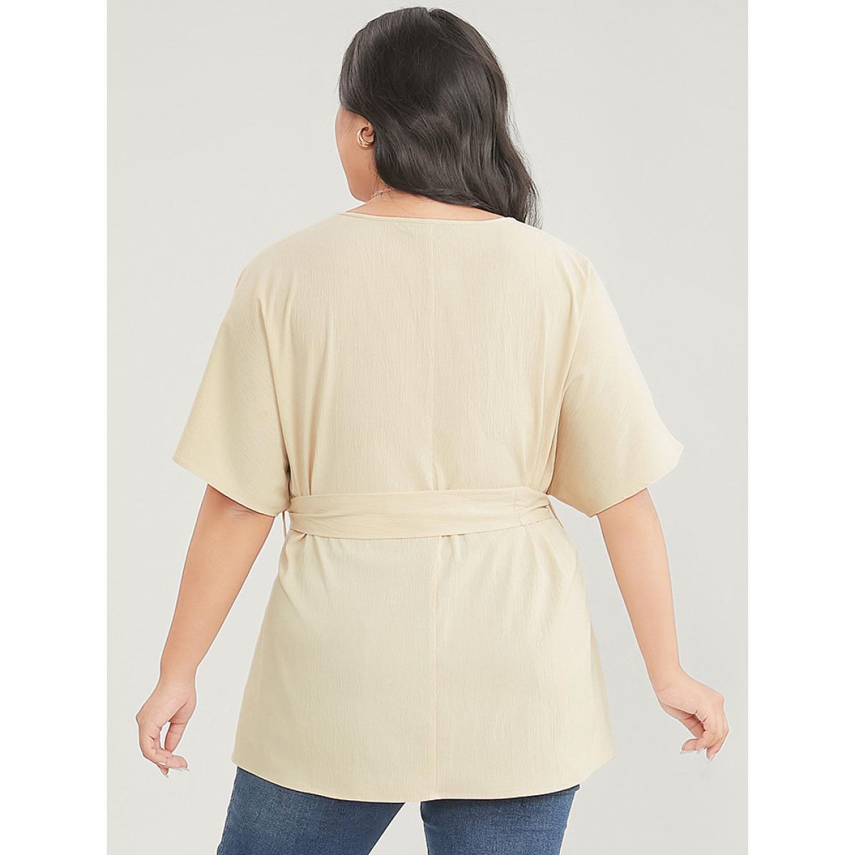 Plus Size Apricot Solid Dolman Sleeve Buckle Belted V Neck Blouse Women Office Short sleeve V-neck Dailywear Blouses BloomChic 12/L Product Image