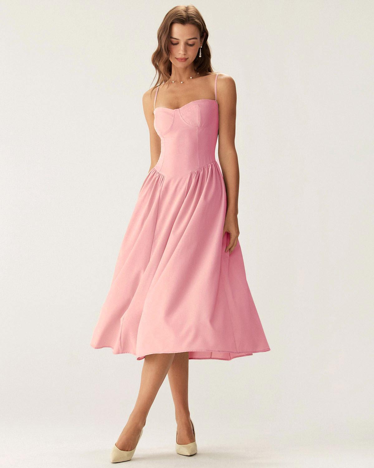 Pink Square Neck Pocket Slip Midi Dress Product Image