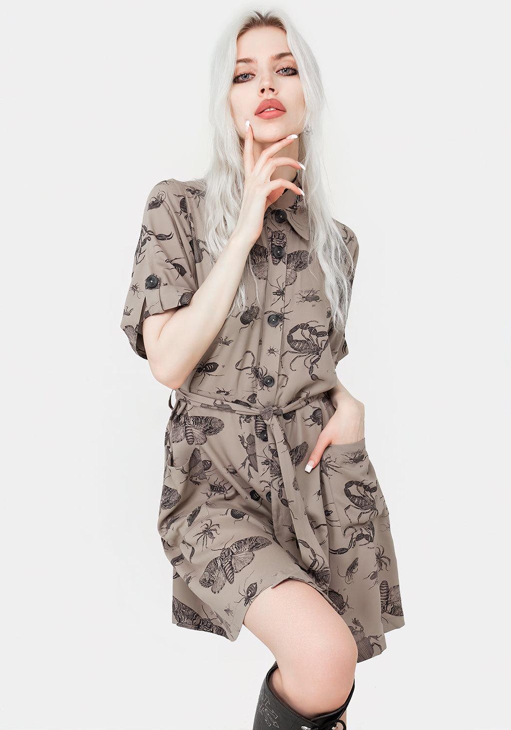 Parasite Bugs Print Mini Short Sleeve Shirt Dress - Taupe Product Image