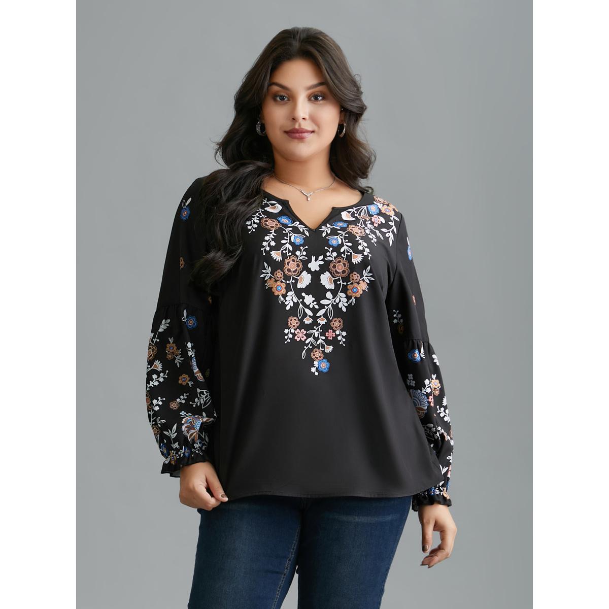 Plus Size Black Floral Puffy Sleeve V-Neck Blouse Women Elegant Long Sleeve Notched collar Everyday Blouses BloomChic 28/5X Product Image