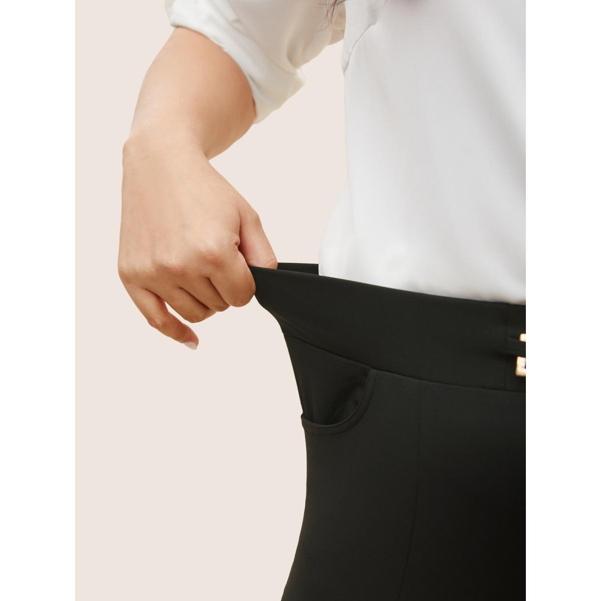 Plus Size Solid Metal Chain Detail Pocket High Rise Leggings Women Black At the Office High stretch Skinny High Rise Work Leggings BloomChic 30/6X Product Image