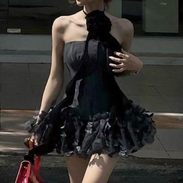 Plain Panel Mesh Mini A-Line Tube Dress Product Image
