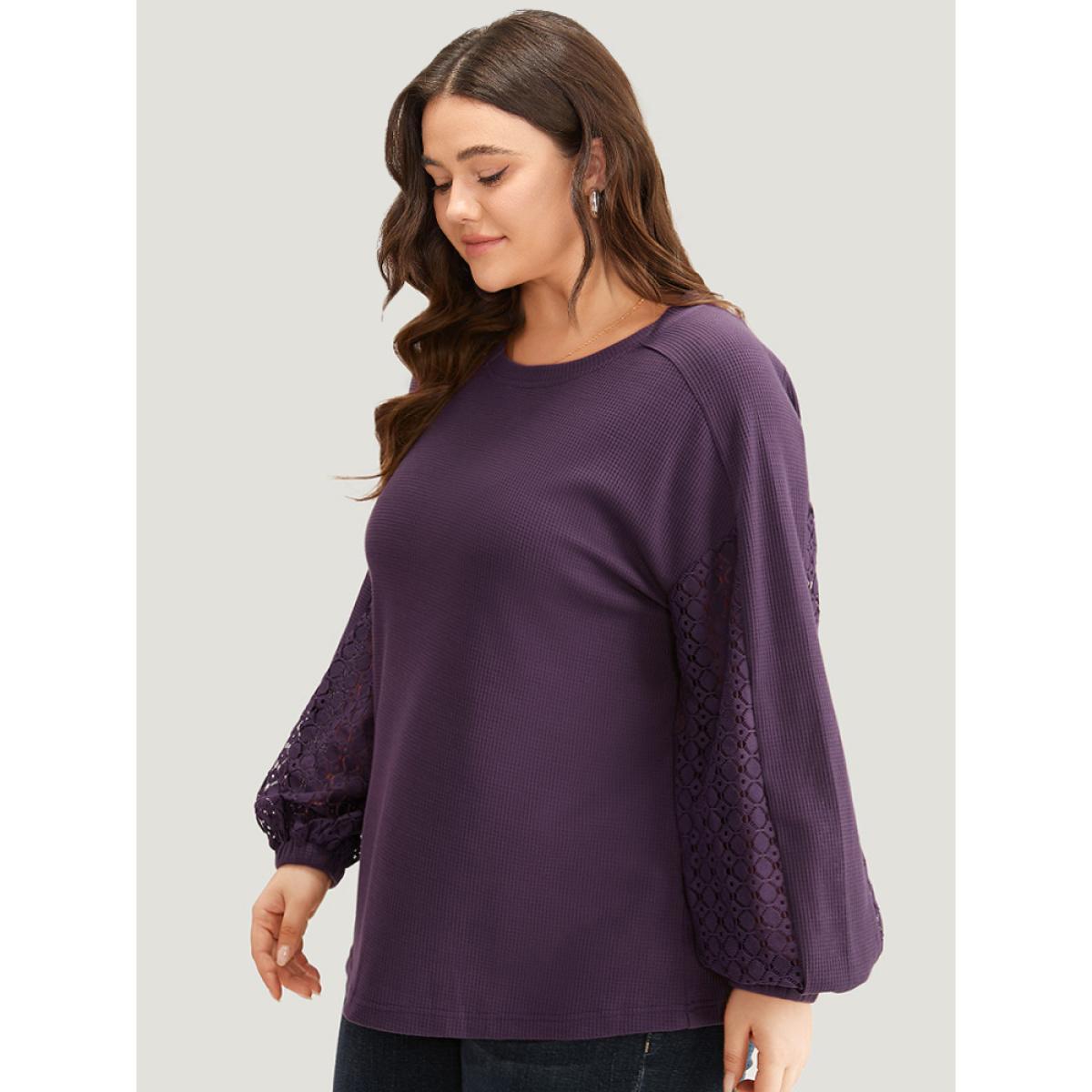 Plus Size Waffle Knit Lace Panel Drop Shoulder Sweatshirt Women Eggplant Elegant Elastic cuffs Round Neck Dailywear Sweatshirts BloomChic 14-16/1X Product Image