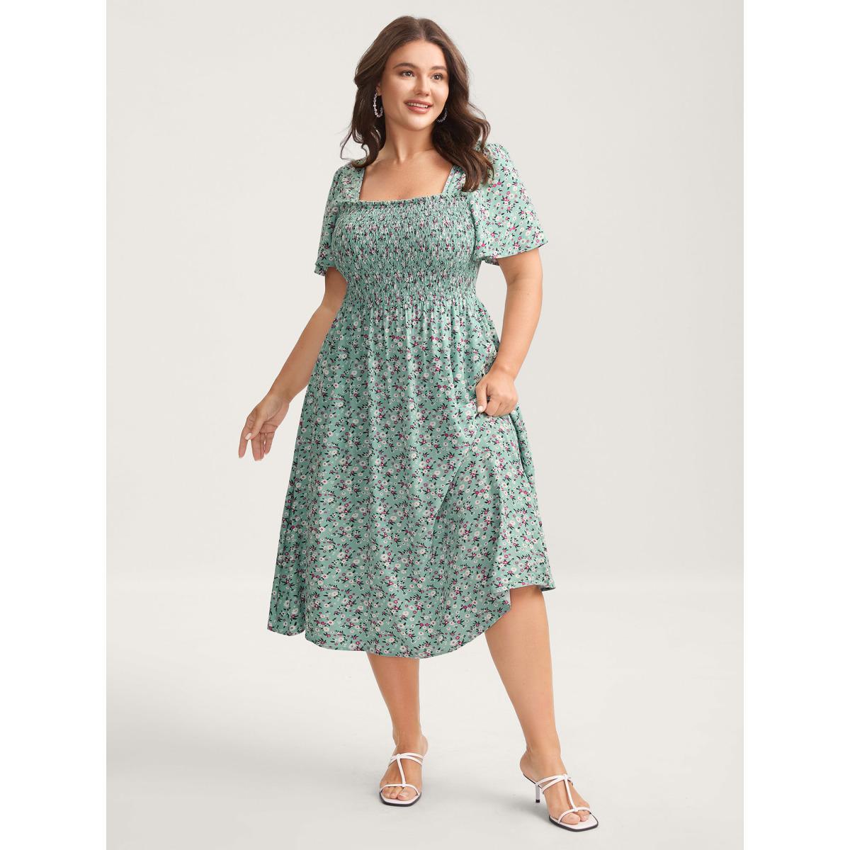 Plus Size Rayon Ditsy Floral Print Shirred Midi Dress Mint Women Square Neck Short sleeve Curvy BloomChic 26/4X Product Image