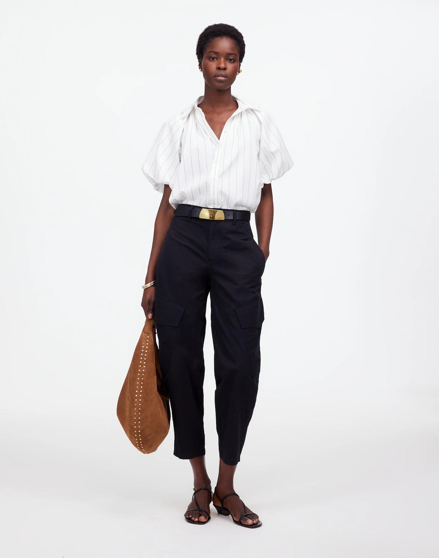 Shirred Bubble-Sleeve Button-Up Shirt Product Image