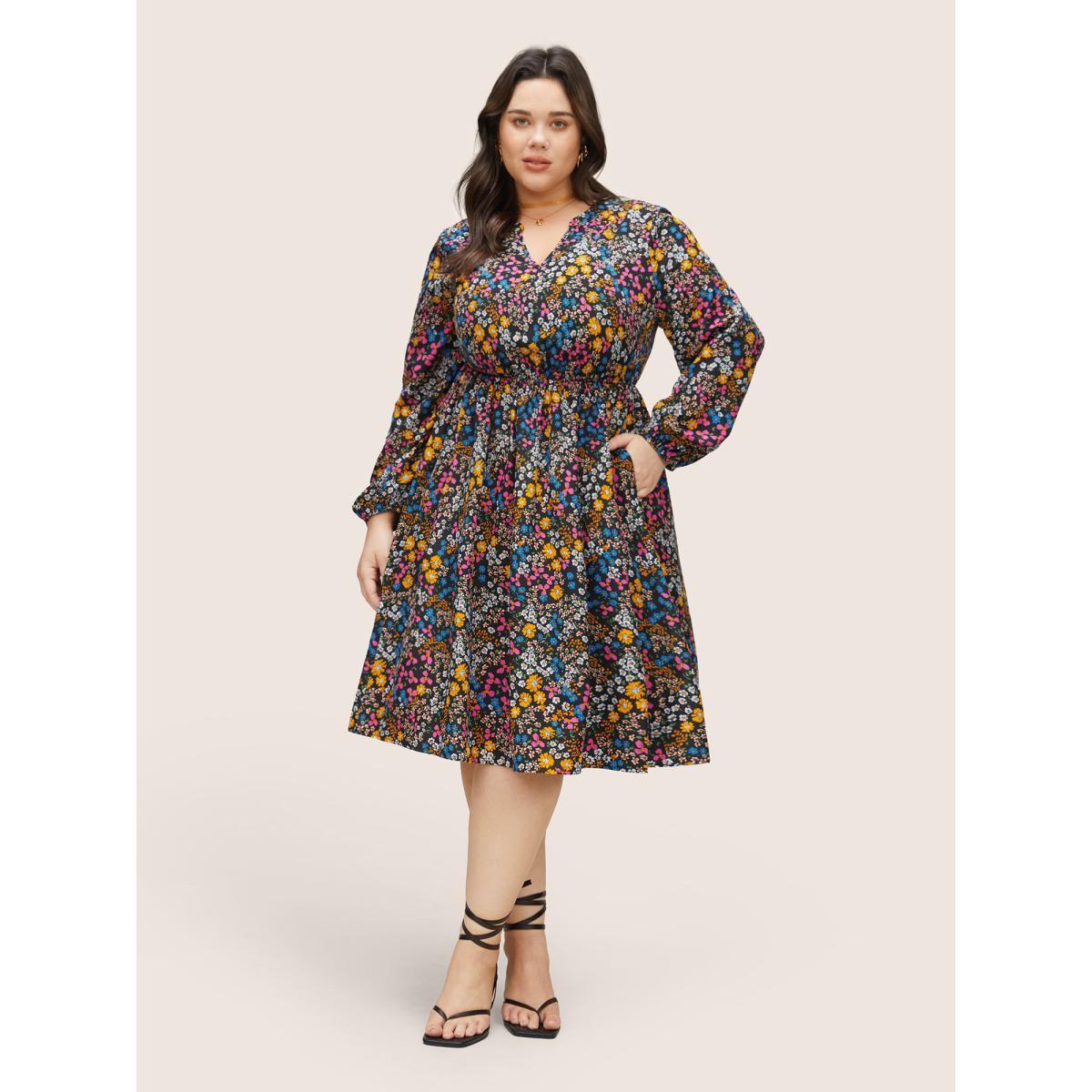 Plus Size Ditsy Floral Notched Pocket Lantern Sleeve Dress Black Women Elegant Non Notched collar Long Sleeve Curvy Midi Dress BloomChic 22-24/3X Product Image