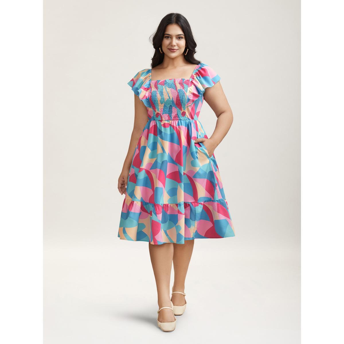 Plus Size Flutter Sleeve Color Block Shirred Stretchy Midi Dress Multicolor Women Casual Shirred Square Neck Cap Sleeve Curvy BloomChic 10/M Product Image