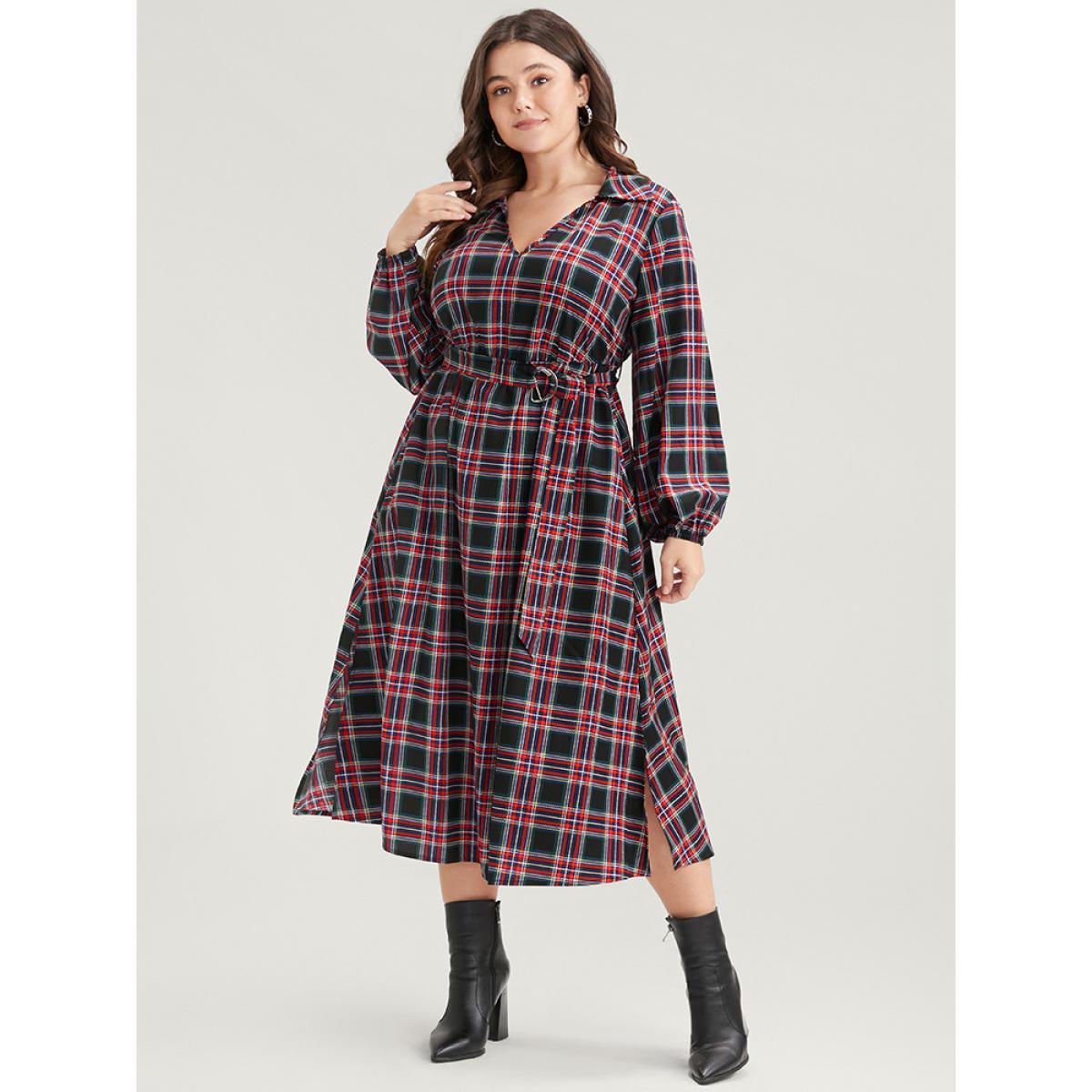 Plus Size Tartan Lantern Sleeve Pocket Belted Midi Dress Russet Women Elegant Elastic Waist Lapel Collar Long Sleeve Curvy Midi Dress BloomChic 12/L Product Image