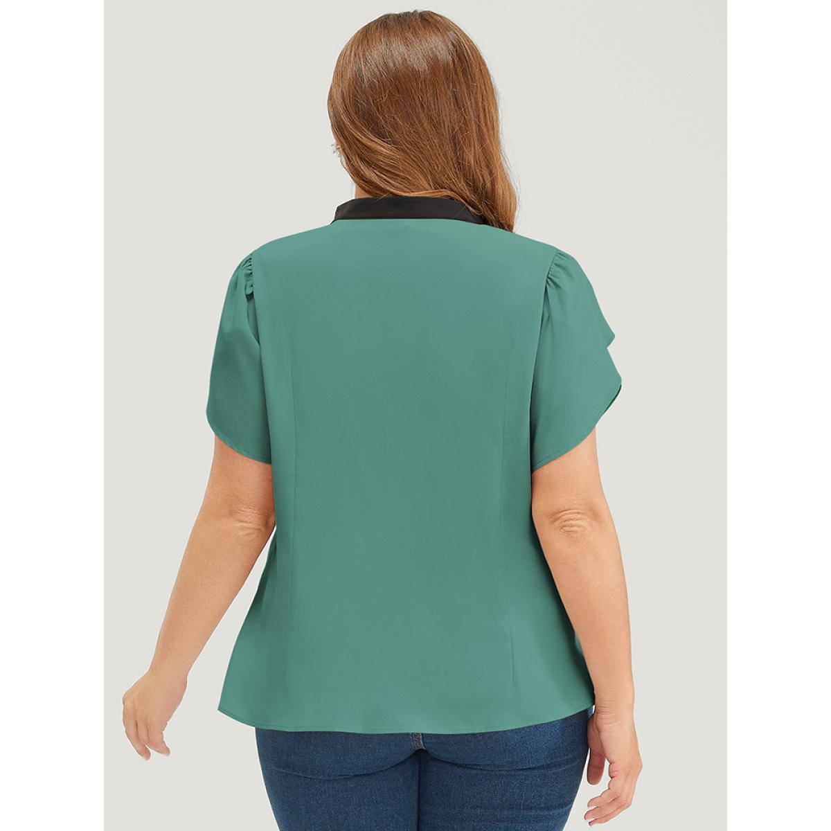 Plus Size Teal Plain Contrast Trim Split Petal Sleeve Blouse Women Office Short sleeve Stand-up collar Dailywear Blouses BloomChic 22-24/3X Product Image
