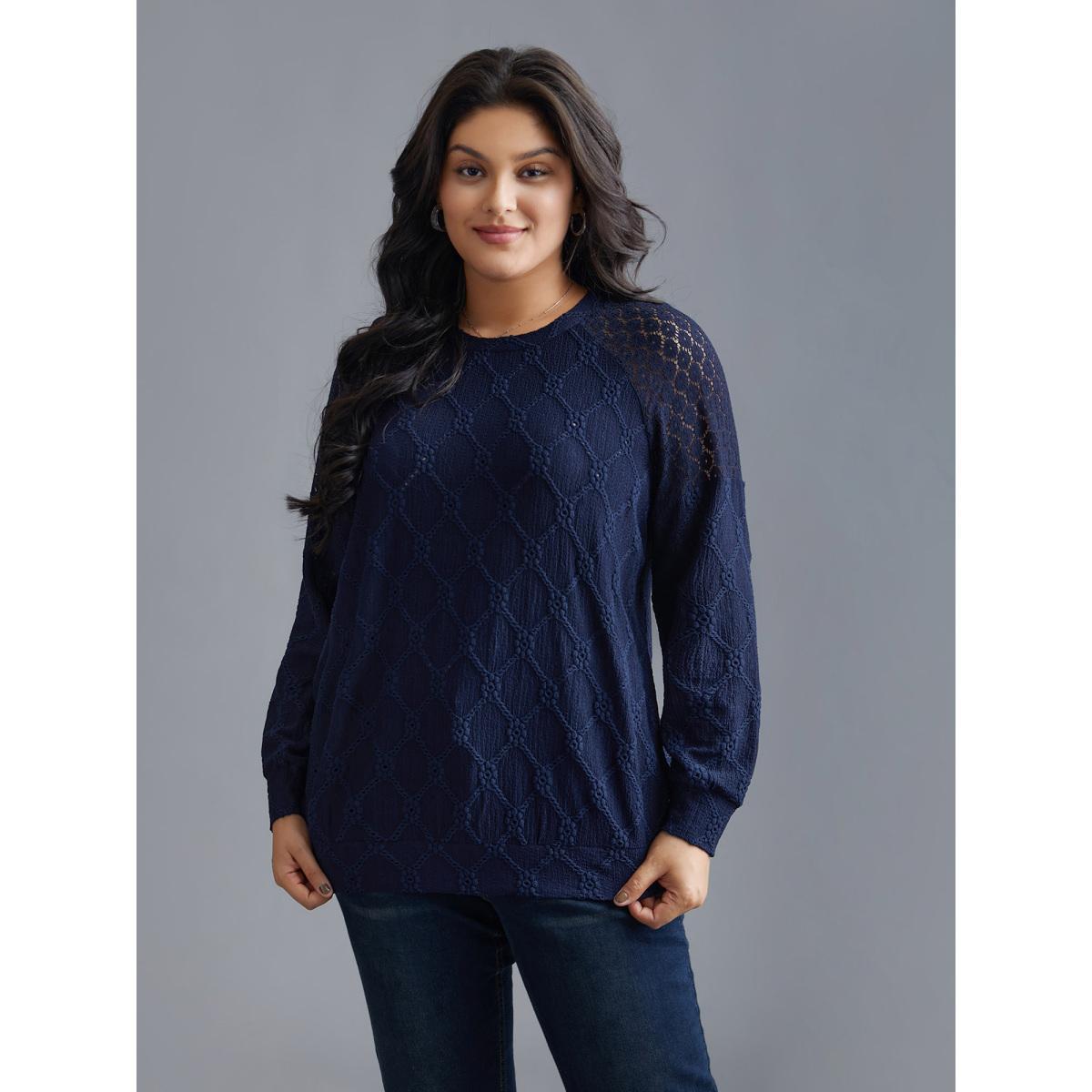 Plus Size Raglan Lace Mesh Sleeve Textured Sweatshirt Women Indigo Elegant See through Round Neck Everyday Sweatshirts BloomChic 10/M Product Image