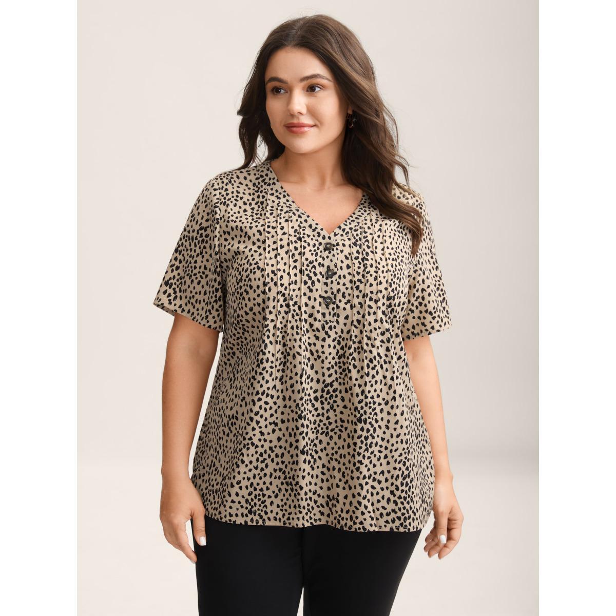 Plus Size Tan Leopard Print Toothpick Pleat Blouse Women Short sleeve V-neck Work Blouses BloomChic 12/L Product Image