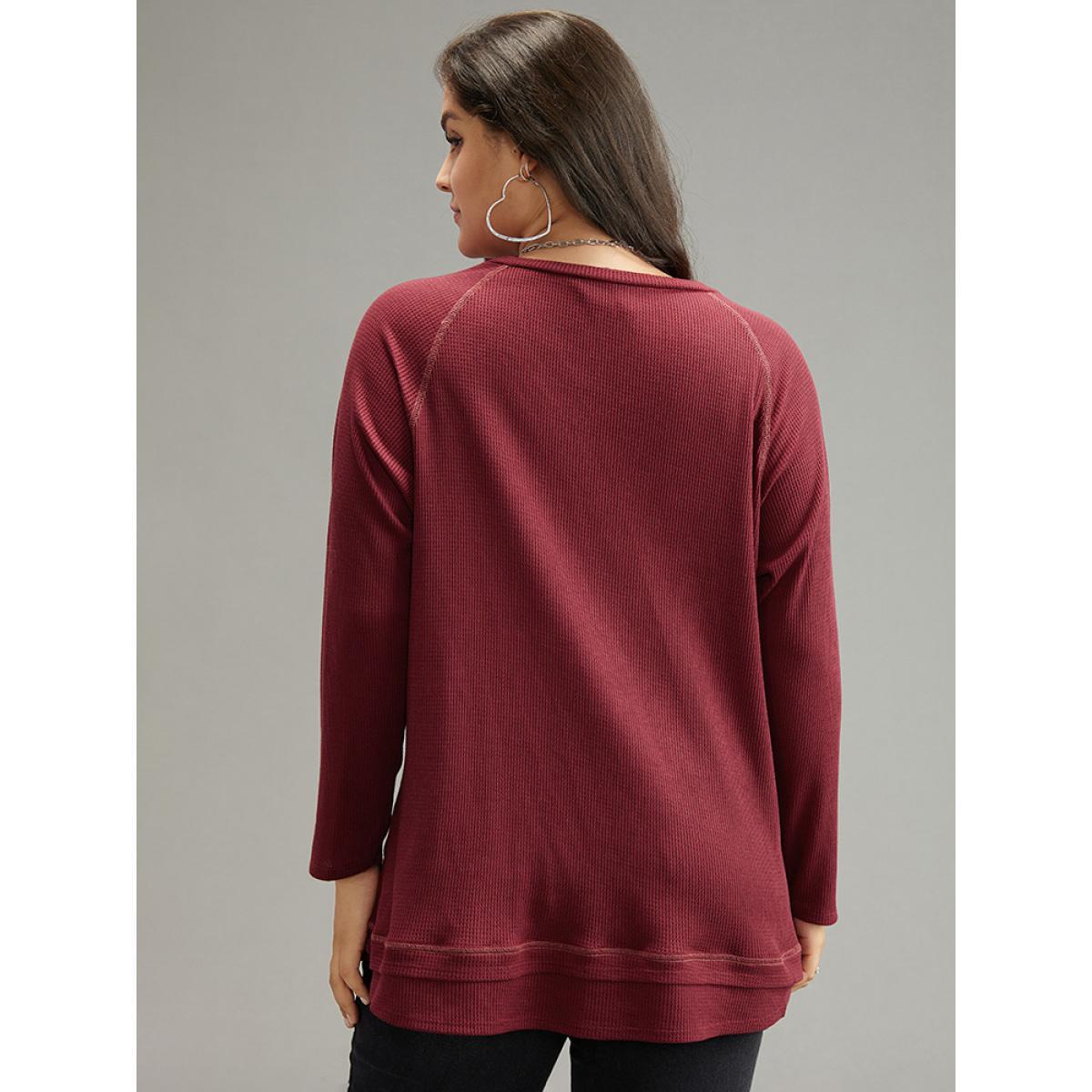 Plus Size Plain Textured Stitch Raglan Sleeve Sweatshirt Women Burgundy Casual Plain V-neck Everyday Sweatshirts BloomChic 14-16/1X Product Image