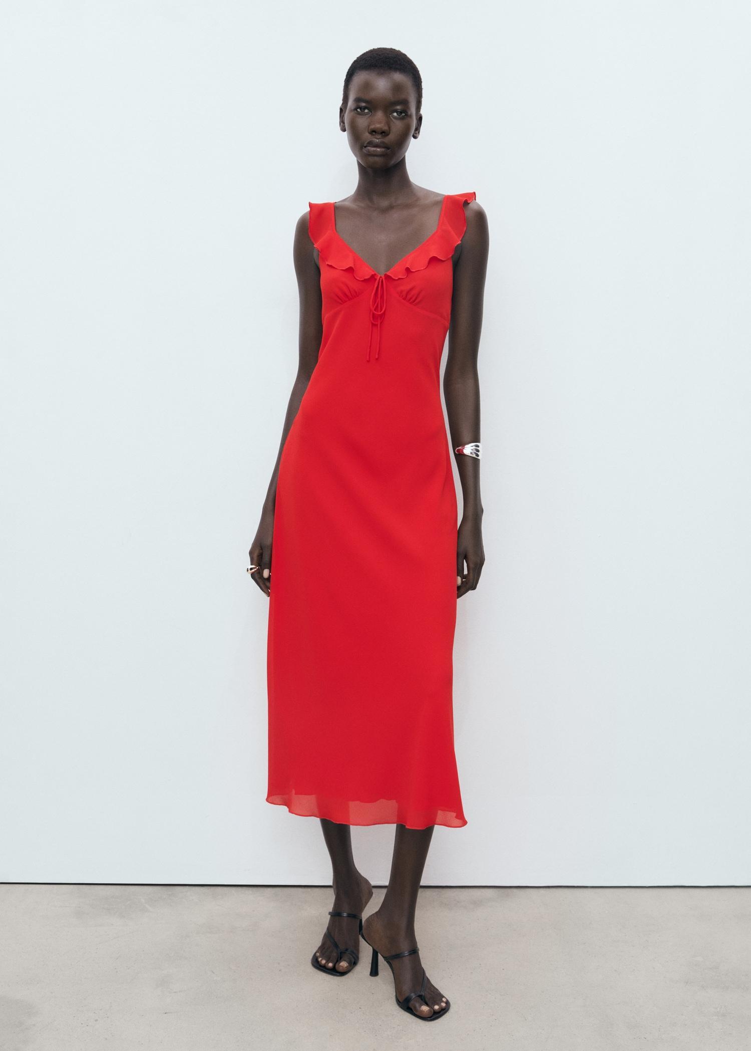 Midi dress with flounce neckline - Women | MANGO USA Product Image