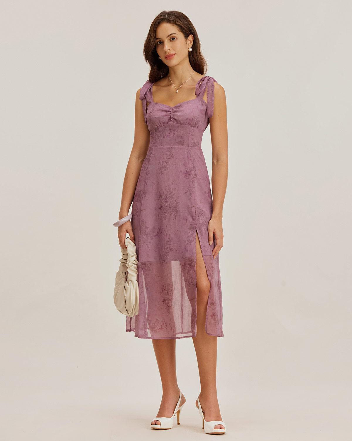 Purple Floral Tie Strap Midi Dress Product Image