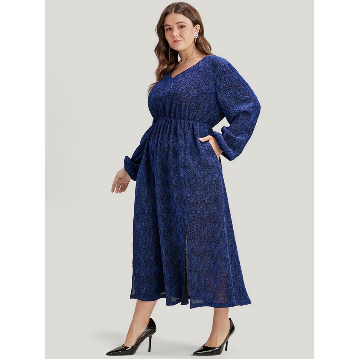 Plus Size Solid Lantern Sleeve Sequin Split Hem Dress DarkBlue Women Party Elastic Waist V-neck Long Sleeve Curvy Midi Dress BloomChic 14-16/1X Product Image