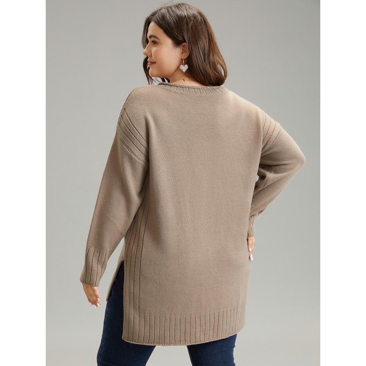 Plus Size Solid Split Side High Low Hem Pullover Tan Women Casual Loose Long Sleeve V-neck Dailywear Pullovers BloomChic 18-20/2X Product Image