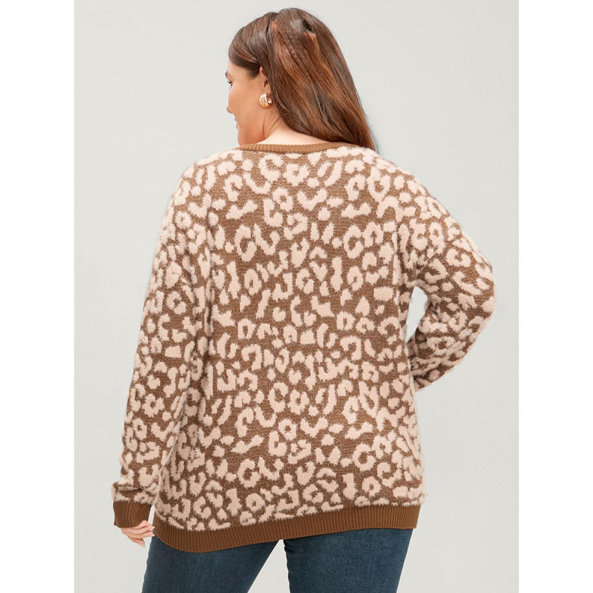 Plus Size Leopard Pointelle Knit V Neck Fluffy Knit Top Bronze Women Casual Loose Long Sleeve V-neck Dailywear Pullovers BloomChic 22-24/3X Product Image