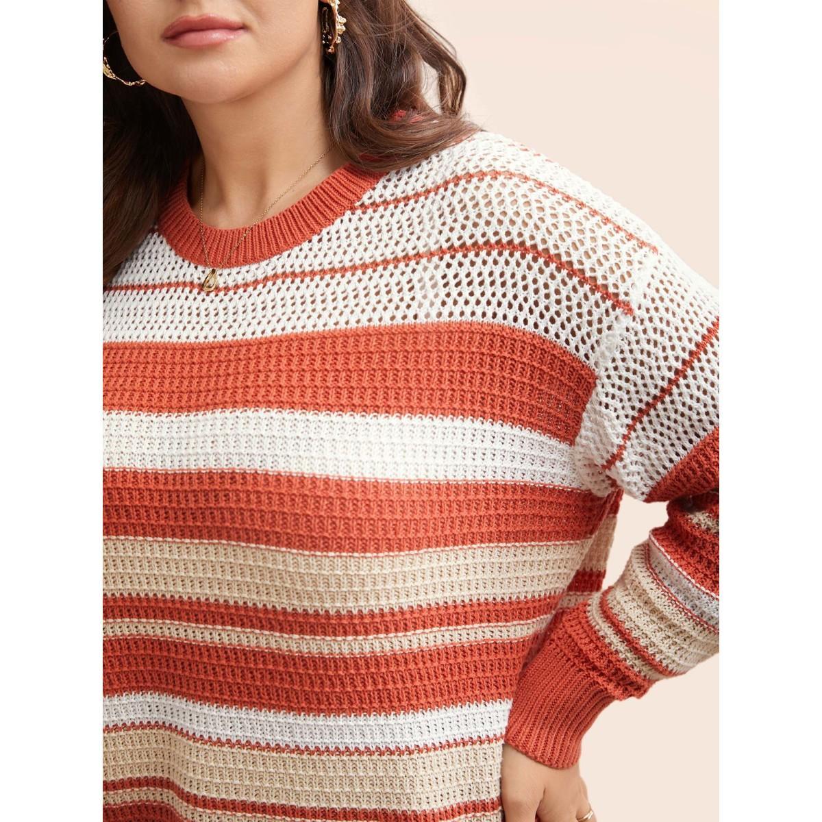 Plus Size Striped Contrast Cut Out Drop Shoulder Pullover Rust Women Casual Long Sleeve Round Neck Everyday Pullovers BloomChic 22-24/3X Product Image