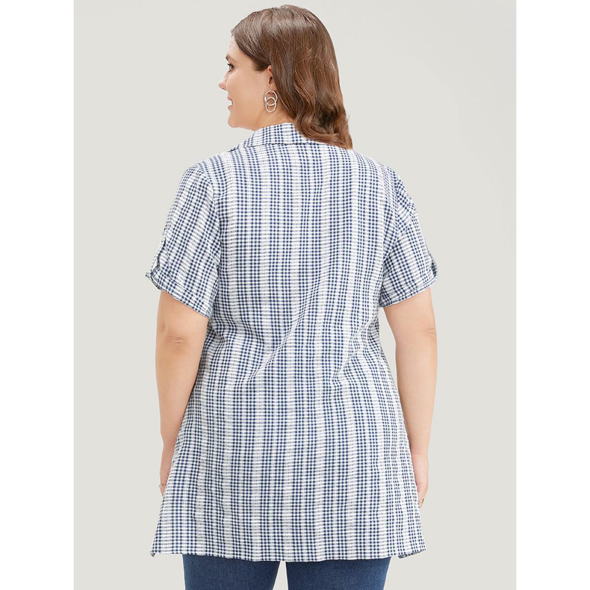 Plus Size Stone Plaid Shirt Collar Button Up Cuffed Sleeve Split Blouse Women Office Short sleeve Shirt collar Work Blouses BloomChic 28/5X Product Image
